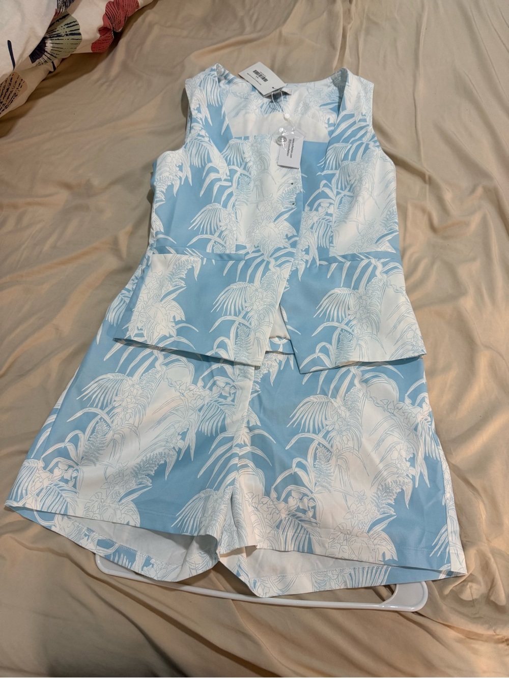 Blue and White Tropical Print Sleeveless Romper